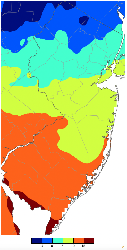 Minimum temperatures on February 4th based on a PRISM (Oregon State University) analysis generated using NWS, NJWxNet, and other professional weather stations.