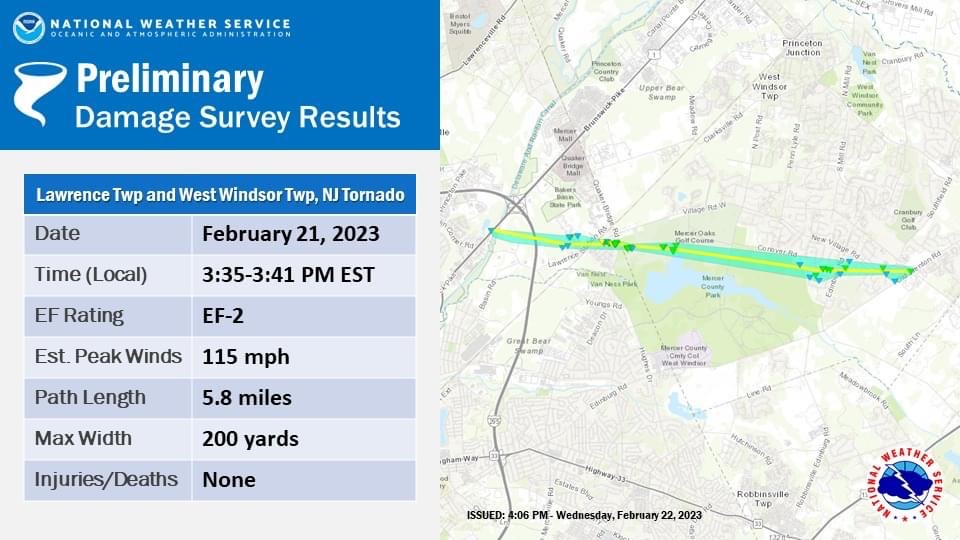 Preliminary National Weather Service tornado report for the February 21st event in Lawrence and West Windsor Townships.
