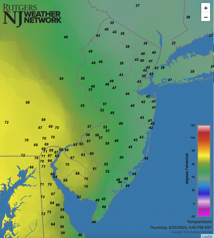 Temperatures across NJ and nearby states at 4:40 PM on February 23rd.