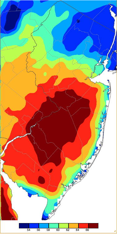 Maximum temperatures on February 27th based on a PRISM (Oregon State University) analysis generated using NWS, NJWxNet, and other professional weather stations.