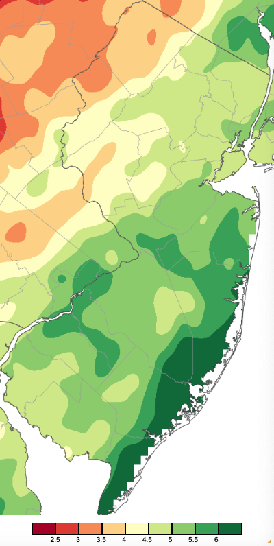 Precipitation across New Jersey based on a PRISM (Oregon State University) analysis generated using NWS Cooperative, CoCoRaHS, NJWxNet, and other professional weather station observations from 7 AM on February 28th to 8 AM on April 1st.