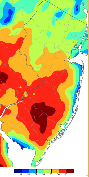 Maximum temperatures on February 28th based on a PRISM (Oregon State University) analysis generated using NWS, NJWxNet, and other professional weather stations.