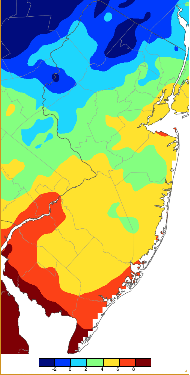 Minimum temperatures on February 8th based on a PRISM (Oregon State University) analysis generated using NWS, NJWxNet, and other professional weather stations.