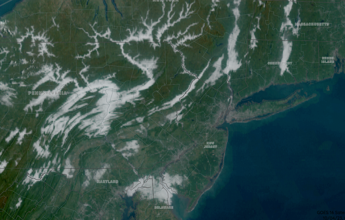 Valley fog in the Northeast at 9:30 AM on October 4th. Some clouds outside of valleys is seen from northeast Maryland east to Cumberland County, NJ (NOAA GOES).