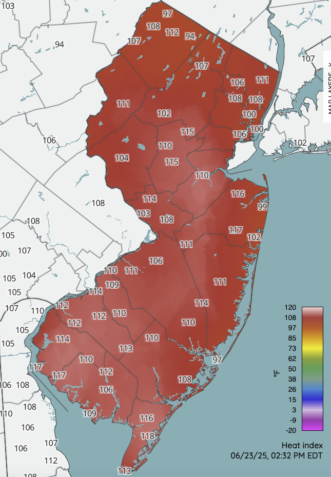 Heat index at 2:30 PM on June 23rd based on NJWxNet, NWS, and Delaware Environmental Observing System Network (DEOS) professional weather stations.