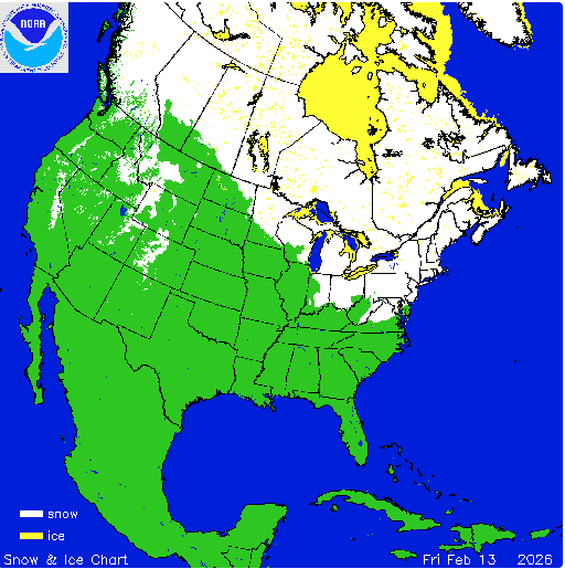 Map of snow cover across North America on February 13th