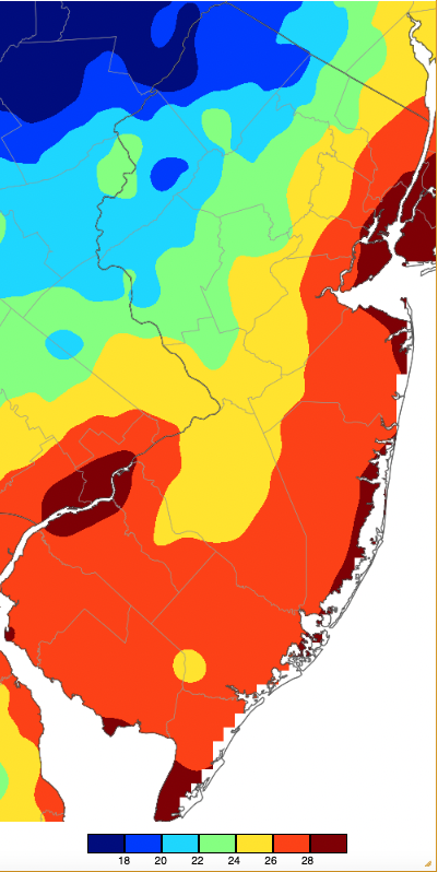 Minimum temperatures on January 16th based on a PRISM (Oregon State University) analysis generated using NWS, NJWxNet, and other professional weather stations.