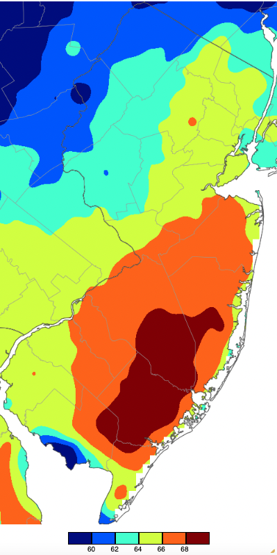 Maximum temperatures on January 4th based on a PRISM (Oregon State University) analysis generated using NWS, NJWxNet, and other professional weather stations.