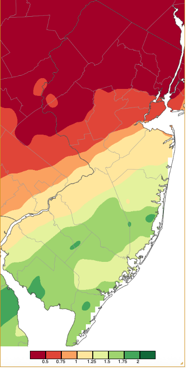 Precipitation across New Jersey from 7 AM on January 9th through 7 AM January 11th based on a PRISM (Oregon State University) analysis generated using NWS Cooperative, CoCoRaHS, NJWxNet, and other professional weather station observations.