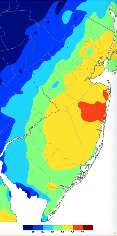 Maximum temperatures on January 13th based on a PRISM (Oregon State University) analysis generated using NWS, NJWxNet, and other professional weather stations.