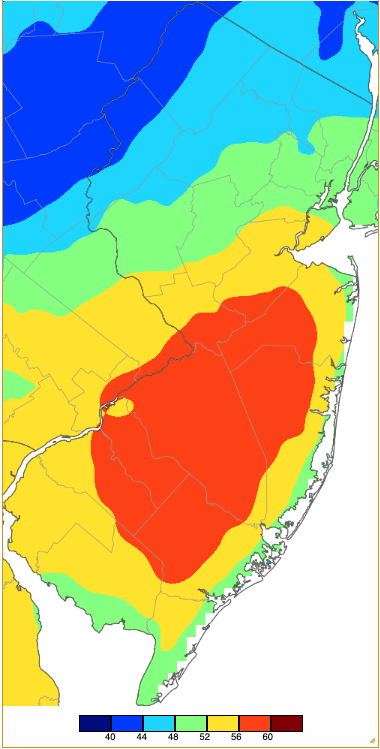Maximum temperatures on January 14th based on a PRISM (Oregon State University) analysis generated using NWS, NJWxNet, and other professional weather stations.