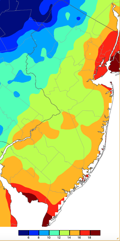 Minimum temperatures on January 17th based on a PRISM (Oregon State University) analysis generated using NWS, NJWxNet, and other professional weather stations.