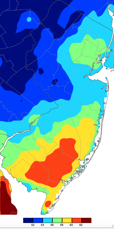 Maximum temperatures on January 25th based on a PRISM (Oregon State University) analysis generated using NWS, NJWxNet, and other professional weather stations.