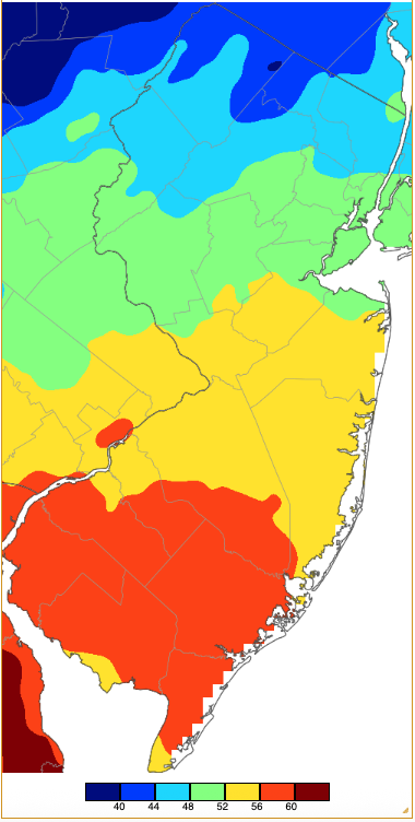 Maximum temperatures on January 7th based on a PRISM (Oregon State University) analysis generated using NWS, NJWxNet, and other professional weather stations.