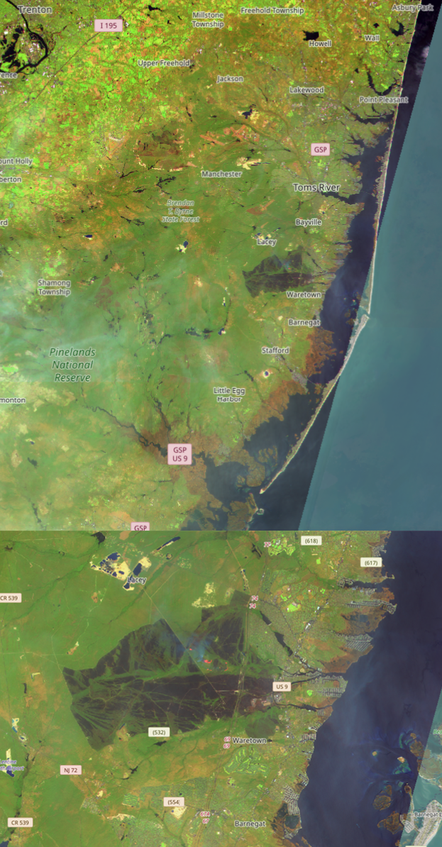 European Space Agency Sentinel 2 satellite image showing the extent of the Jones Road wildfire (black) on April 24th, 2025.