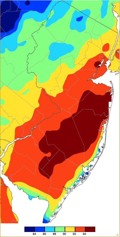 Maximum temperatures on July 28th based on a PRISM (Oregon State University) analysis generated using NWS, NJWxNet, and other professional weather stations.