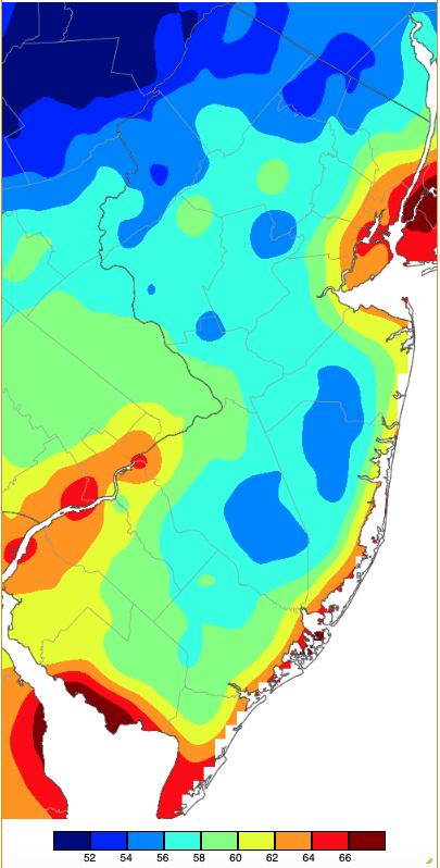 Minimum temperatures on July 31st based on a PRISM (Oregon State University) analysis generated using NWS, NJWxNet, and other professional weather stations.