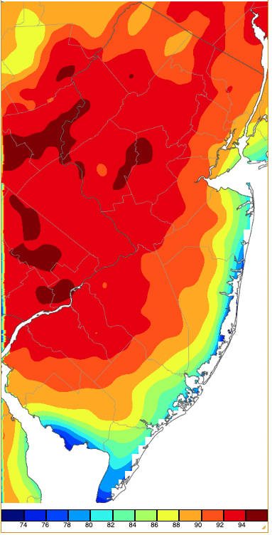 Maximum temperatures on June 2nd based on a PRISM (Oregon State University) analysis generated using NWS, NJWxNet, and other professional weather stations.