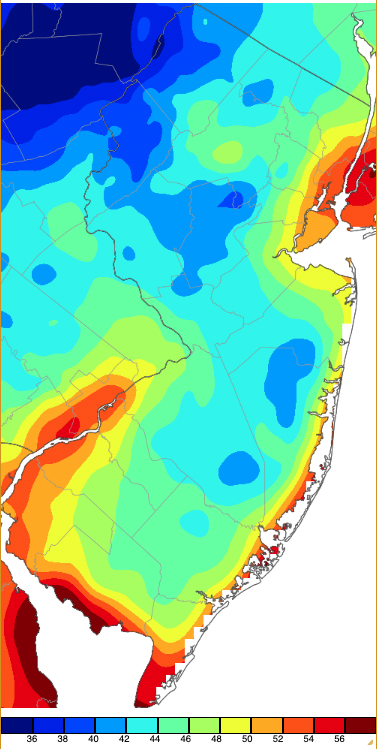 Minimum temperatures on June 8th based on a PRISM (Oregon State University) analysis generated using NWS, NJWxNet, and other professional weather stations.