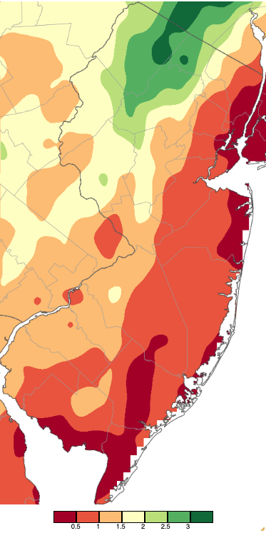 Precipitation across New Jersey from 8 AM on May 30th through 8 AM June 1st based on a PRISM (Oregon State University) analysis generated using NWS Cooperative, CoCoRaHS, NJWxNet, and other professional weather station observations.