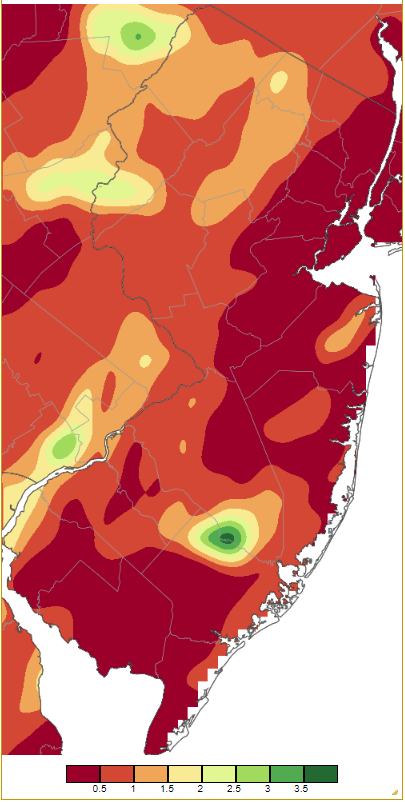 Precipitation across New Jersey from 8 AM on June 23rd through 8 AM June 25th based on a PRISM (Oregon State University) analysis generated using NWS Cooperative, CoCoRaHS, NJWxNet, and other professional weather station observations.