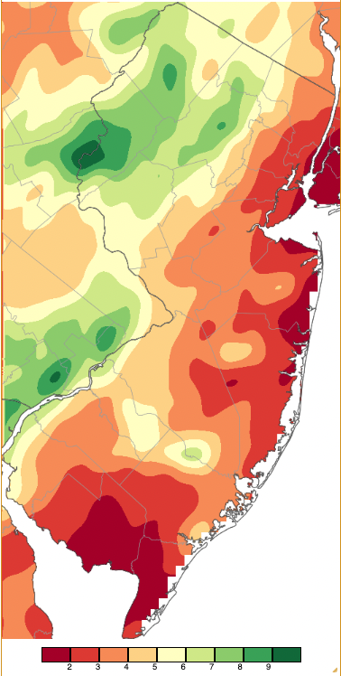 June 2023 precipitation across New Jersey based on a PRISM (Oregon State University) analysis generated using NWS Cooperative, CoCoRaHS, NJWxNet, and other professional weather station observations from approximately 8 AM on May 31st to 8 AM on June 30th.