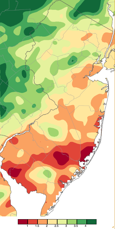 June 2025 precipitation across New Jersey based on a PRISM (Oregon State University) analysis generated using NWS Cooperative, CoCoRaHS, NJWxNet, and other professional weather station observations from 8 AM on May 31st to 8 AM on June 30th.