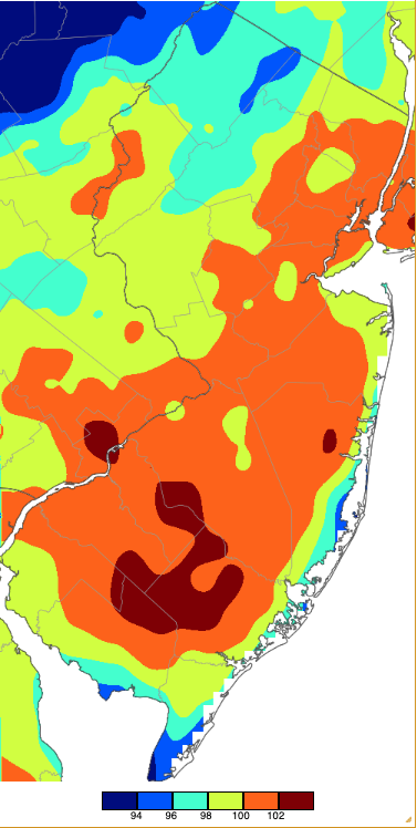 Maximum temperatures on June 24th based on a PRISM (Oregon State University) analysis generated using NWS, NJWxNet, and other professional weather stations.