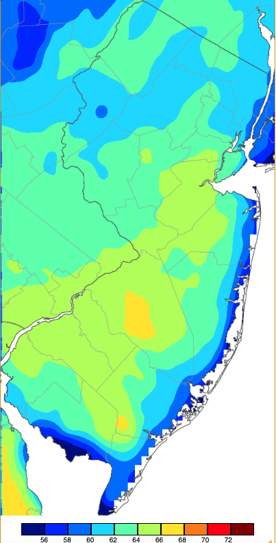 Maximum temperatures on March 22nd based on a PRISM (Oregon State University) analysis generated using NWS, NJWxNet, and other professional weather stations.