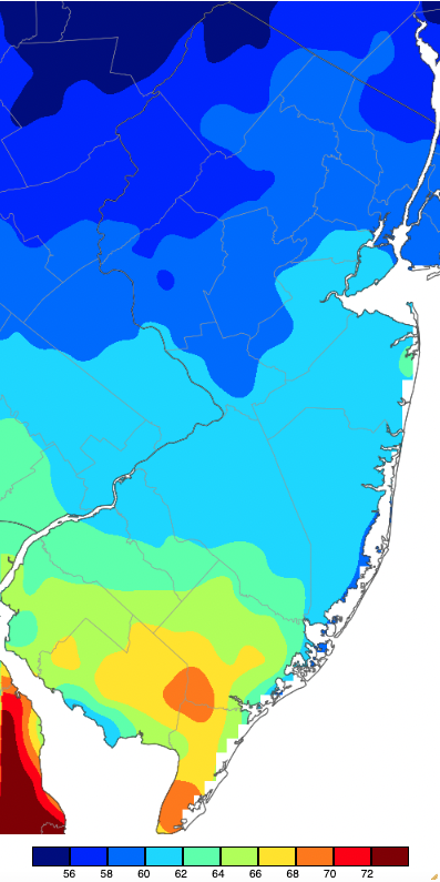 Maximum temperatures on March 23rd based on a PRISM (Oregon State University) analysis generated using NWS, NJWxNet, and other professional weather stations.