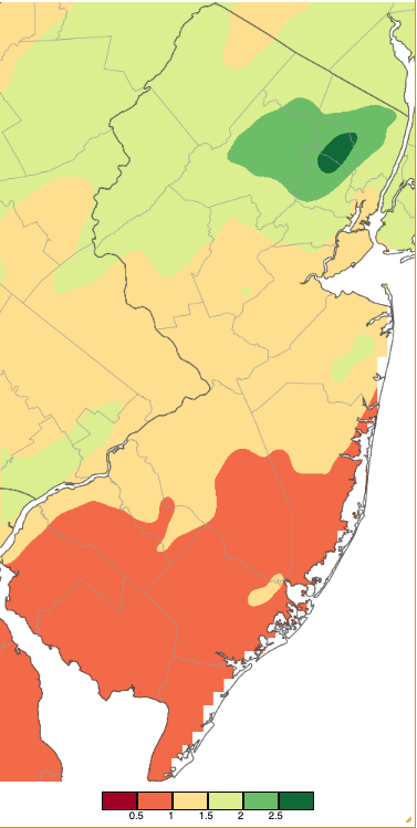 Precipitation across New Jersey from 7 AM on March 9th through 8 AM March 10th based on a PRISM (Oregon State University) analysis generated using NWS Cooperative, CoCoRaHS, NJWxNet, and other professional weather station observations.