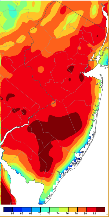 Map of maximum temperatures on March 10th based on a PRISM (Oregon State University) analysis generated using NWS, NJWxNet, and other professional weather stations.
