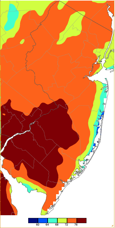 Maximum temperatures on March 14th based on a PRISM (Oregon State University) analysis generated using NWS, NJWxNet, and other professional weather stations.