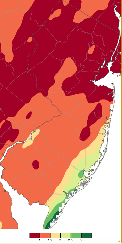 Precipitation across New Jersey from 8 AM on March 16th through 8 AM March 18th based on a PRISM (Oregon State University) analysis generated using NWS Cooperative, CoCoRaHS, NJWxNet, and other professional weather station observations.