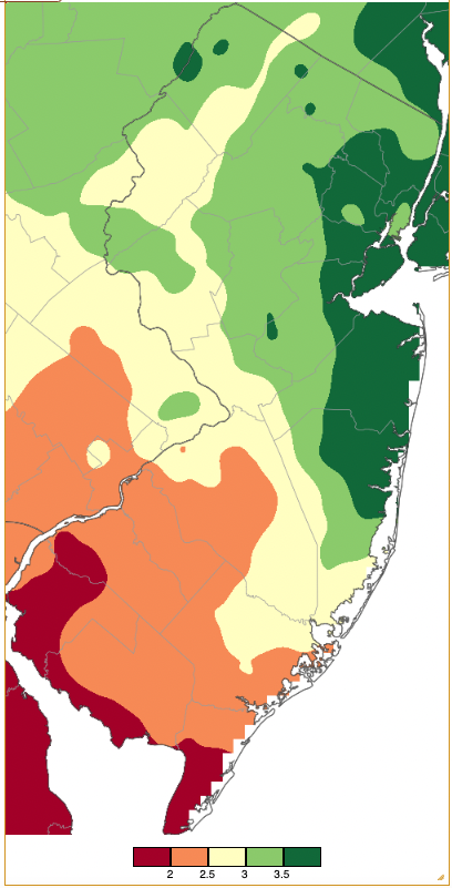  March 2023 precipitation across New Jersey based on a PRISM (Oregon State University) analysis generated using NWS Cooperative and CoCoRaHS observations from 7 AM on February 28th to 8 AM on March 31st.