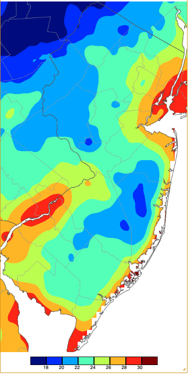 Minimum temperatures on March 22nd based on a PRISM (Oregon State University) analysis generated using NWS, NJWxNet, and other professional weather stations.