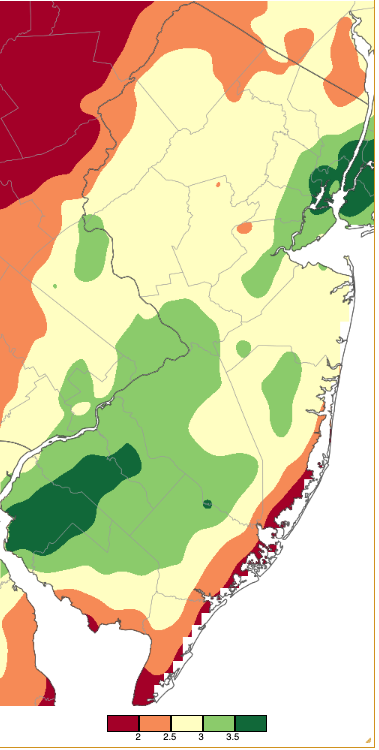 Precipitation across New Jersey from 8 AM on March 22nd through 8 AM March 24th based on a PRISM (Oregon State University) analysis generated using NWS Cooperative, CoCoRaHS, NJWxNet, and other professional weather station observations.