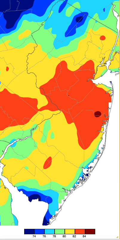 Maximum temperatures on March 29th based on a PRISM (Oregon State University) analysis generated using NWS, NJWxNet, and other professional weather stations.