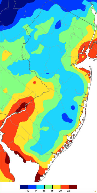 Minimum temperatures on March 3rd based on a PRISM (Oregon State University) analysis generated using NWS, NJWxNet, and other professional weather stations.