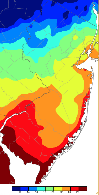 Map of minimum temperatures on March 3rd based on a PRISM (Oregon State University) analysis generated using NWS, NJWxNet, and other professional weather stations.