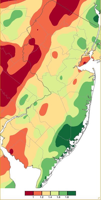 Precipitation across New Jersey from 7 AM on March 5th through 7 AM March 6th based on a PRISM (Oregon State University) analysis generated using NWS Cooperative, CoCoRaHS, NJWxNet, and other professional weather station observations.