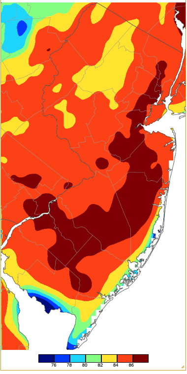 Maximum temperatures on May 12th based on a PRISM (Oregon State University) analysis generated using NWS, NJWxNet, and other professional weather stations.