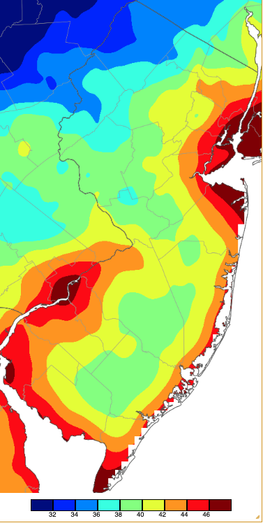 Figure 4. Minimum temperatures on May 12th based on a PRISM (Oregon State University) analysis generated using NWS, NJWxNet, and other professional weather stations. Note the 2-degree scale beneath the map. Map of minimum temperatures on May 12th based on a PRISM (Oregon State University) analysis generated using NWS, NJWxNet, and other professional weather stations.