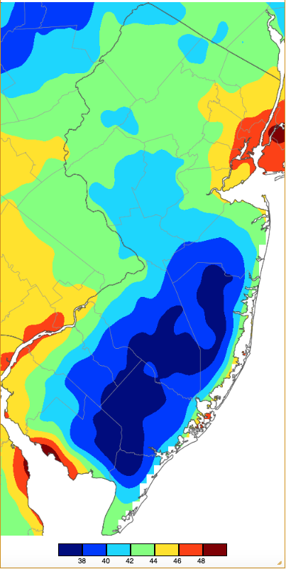 Minimum temperatures on May 13th based on a PRISM (Oregon State University) analysis generated using NWS, NJWxNet, and other professional weather stations.