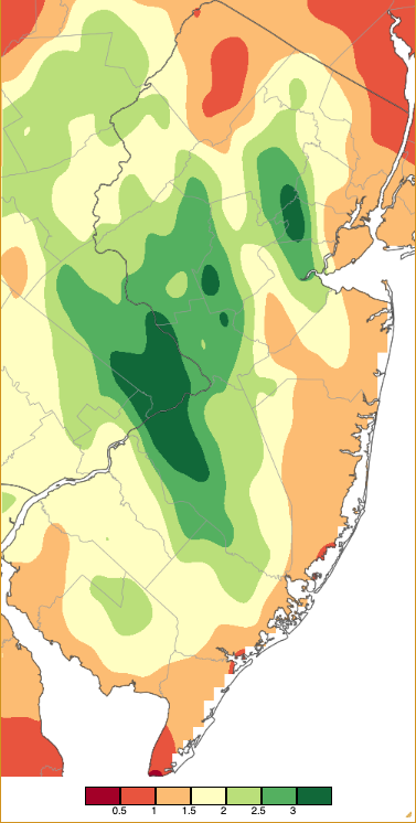 Precipitation across New Jersey from 8 AM on May 12th through 8 AM May 14th based on a PRISM (Oregon State University) analysis generated using NWS Cooperative, CoCoRaHS, NJWxNet, and other professional weather station observations.