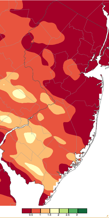 Precipitation across New Jersey from 8 AM on May 16th through 8 AM May 17th based on a PRISM (Oregon State University) analysis generated using NWS Cooperative, CoCoRaHS, NJWxNet, and other professional weather station observations.