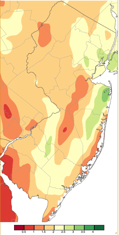 Precipitation across New Jersey from 8 AM on April 30th through 8 AM May 1st based on a PRISM (Oregon State University) analysis generated using NWS Cooperative, CoCoRaHS, NJWxNet, and other professional weather station observations.
