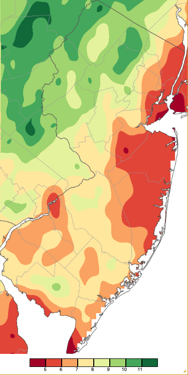May 2025 precipitation across New Jersey based on a PRISM (Oregon State University) analysis generated using NWS Cooperative, CoCoRaHS, NJWxNet, and other professional weather station observations from 8 AM on April 30th to 8 AM on May 31st.
