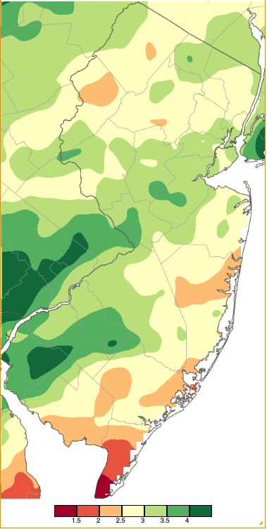 Figure 1. May 2026 precipitation across New Jersey based on a PRISM (Oregon State University) analysis generated using NWS Cooperative, CoCoRaHS, NJWxNet, and other professional weather station observations from 8 AM on April 30th to 8 AM on May 31st. Note the scale in inches at the bottom of the map. Totals range from 1.00”– 1.49” (dark red) to 4.00”– 4.49” (dark green). May 2026 precipitation across New Jersey based on a PRISM (Oregon State University) analysis generated using NWS Cooperative, CoCoRaHS, NJWxNet, and other professional weather station observations from 8 AM on April 30th to 8 AM on May 31st.