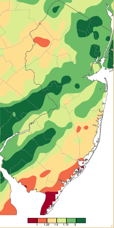 Figure 2. Precipitation across New Jersey from 8 AM on May 23rd through 8 AM May 26th based on a PRISM (Oregon State University) analysis generated using NWS Cooperative, CoCoRaHS, NJWxNet, and other professional weather station observations. Note the scale in inches at the bottom of the map. Map of precipitation across New Jersey from 8 AM on May 23rd through 8 AM May 26th based on a PRISM (Oregon State University) analysis generated using NWS Cooperative, CoCoRaHS, NJWxNet, and other professional weather station observations.